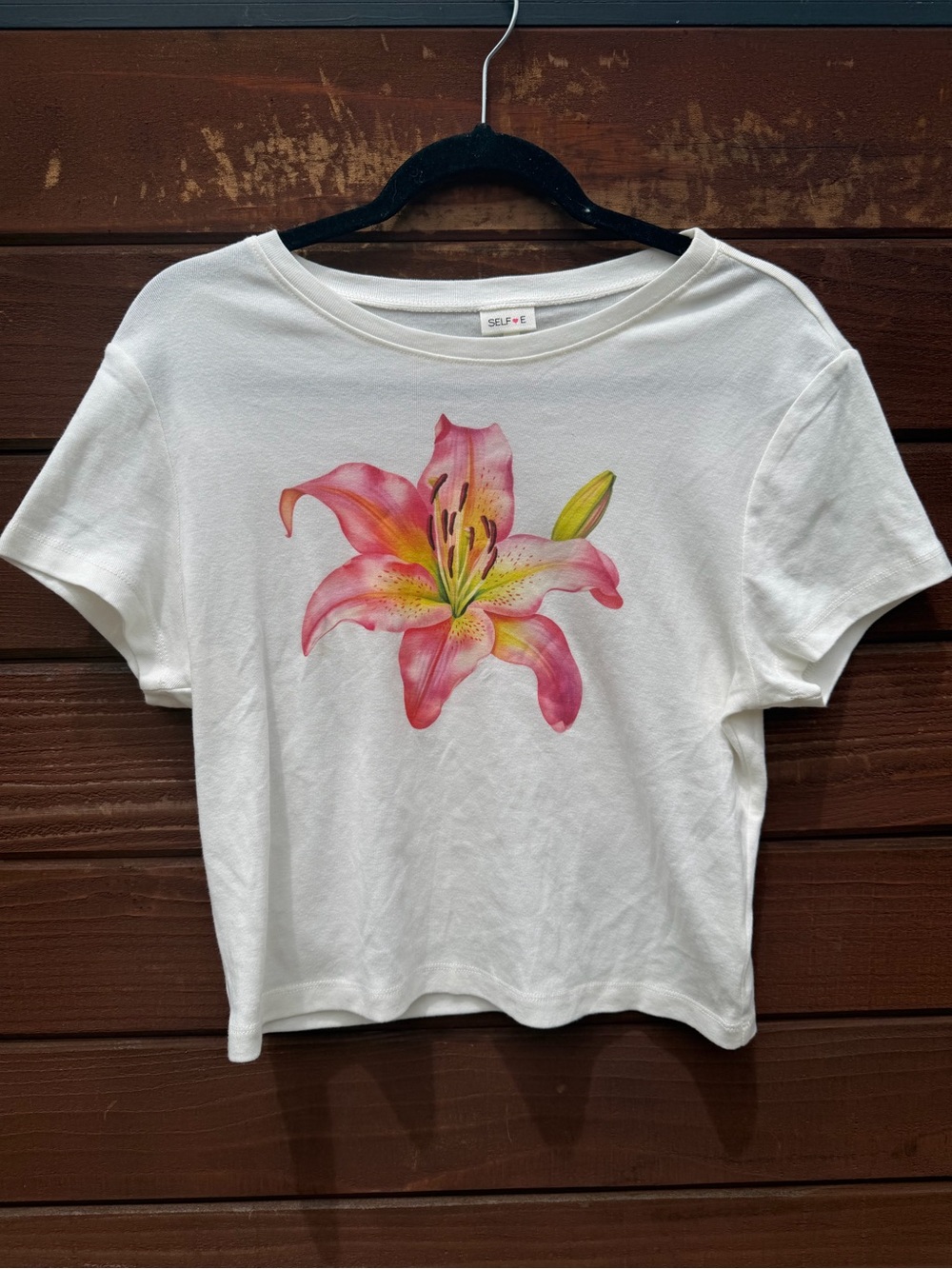 ELF White Crop Tee with Pink and Yellow Lily Graphic